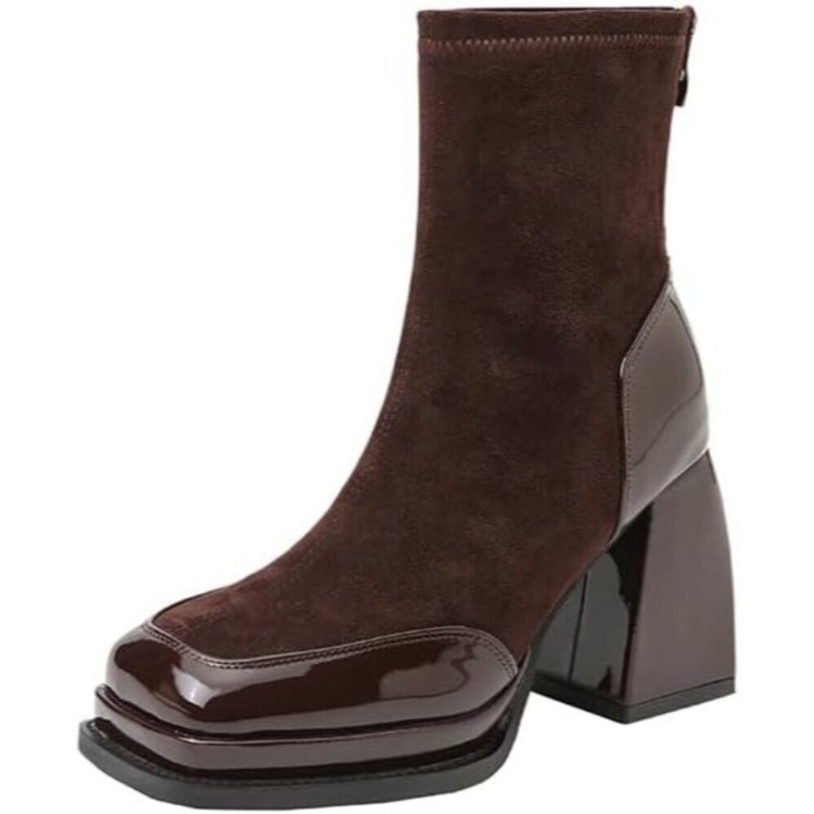 Women's Brown Elegant Chunky Heel Autumn Winter Square Toe Head Club Booties